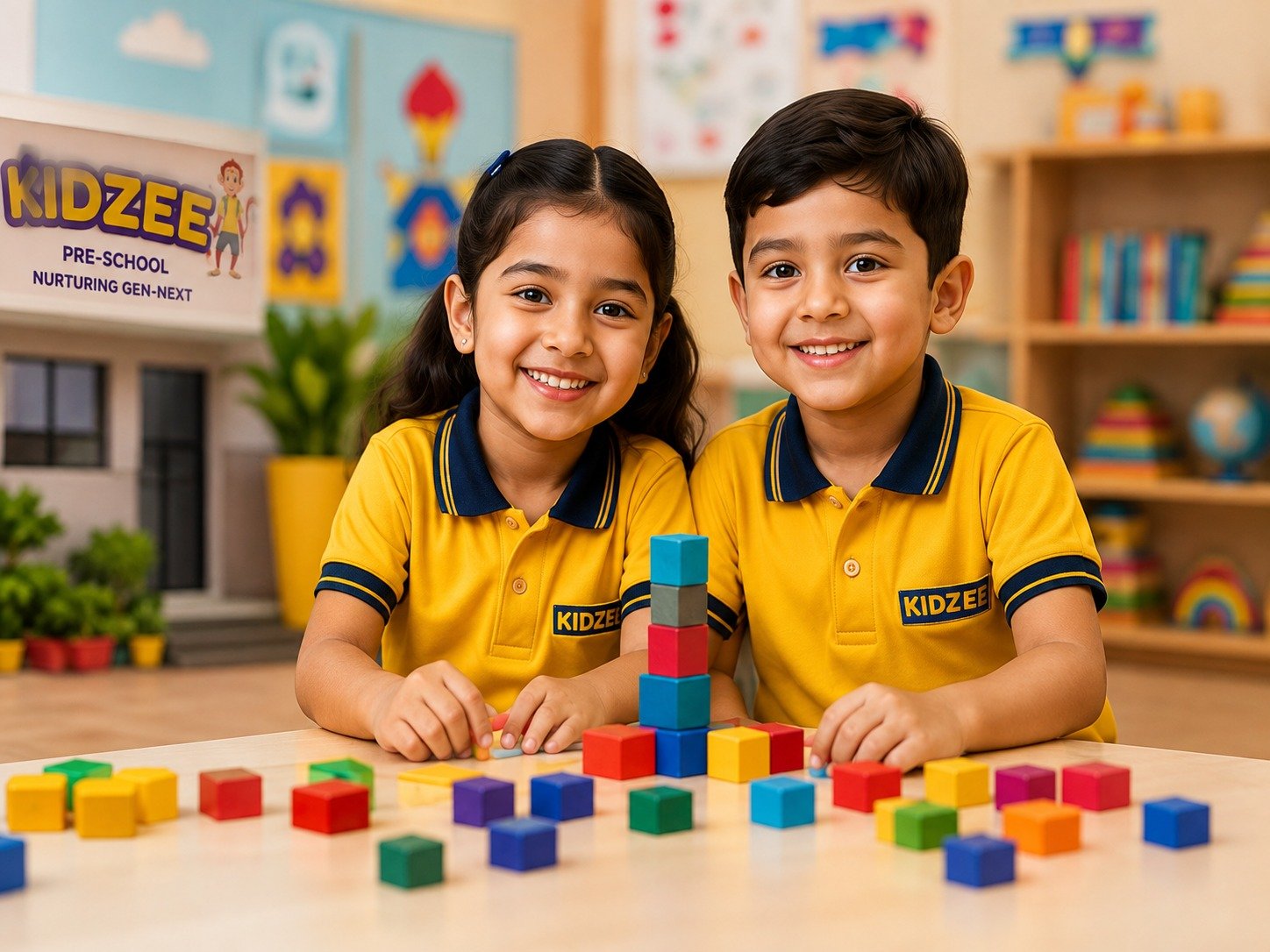 Kidzee Vikas Nagar students building blocks in the classroom